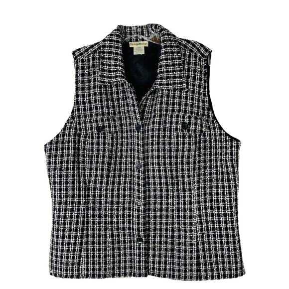 Vintage black white wool tweed plaid academia preppy button vest large - Picture 1 of 6